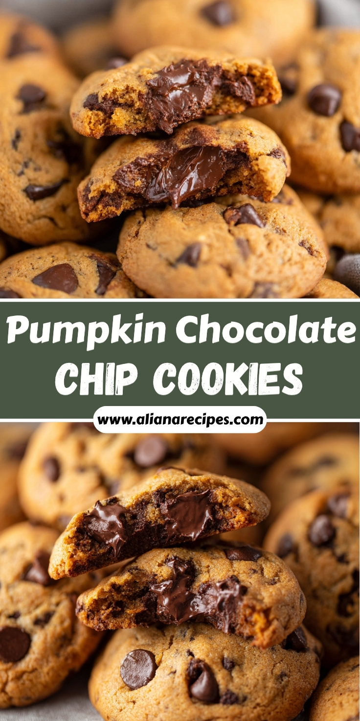 Pumpkin chocolate chip cookies stacked showing gooey melted chocolate interior with soft thick texture and chocolate chips studded throughout