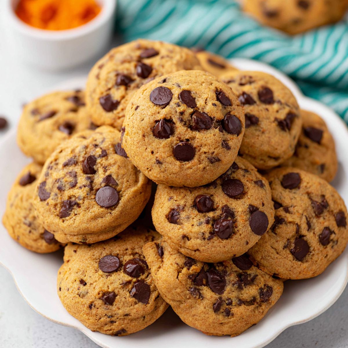 Pumpkin chocolate chip cookies stacked on white plate showing soft thick texture with chocolate chips and golden pumpkin color
