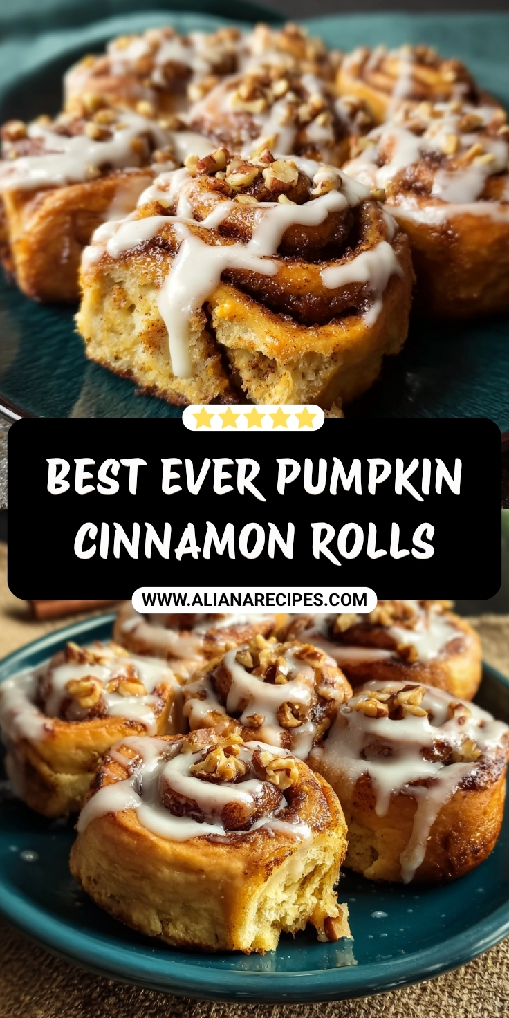 Pumpkin cinnamon rolls on teal plate with cream cheese frosting drizzle and chopped walnuts showing soft fluffy layers and cinnamon swirls with text overlay Best Ever Pumpkin Cinnamon Rolls, five star rating and website URL