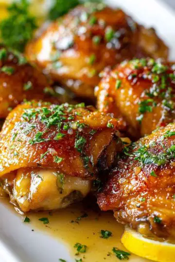 Ranch chicken thighs baked with golden crispy skin, fresh herbs, lemon wedges on white plate showing juicy texture