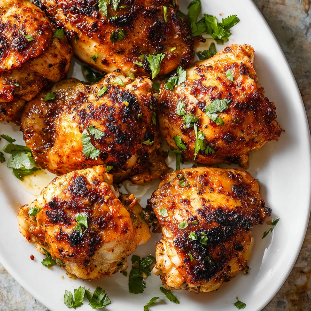 Ranch chicken thighs recipe showing crispy caramelized skin with char marks and fresh parsley on white plate