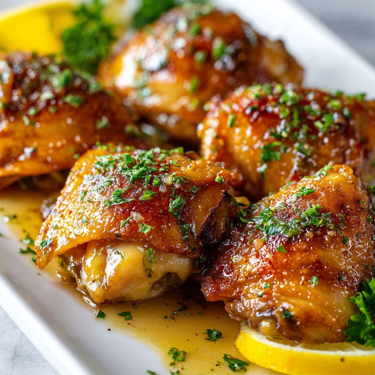 Ranch chicken thighs baked with golden crispy skin, fresh herbs, lemon wedges on white plate showing juicy texture