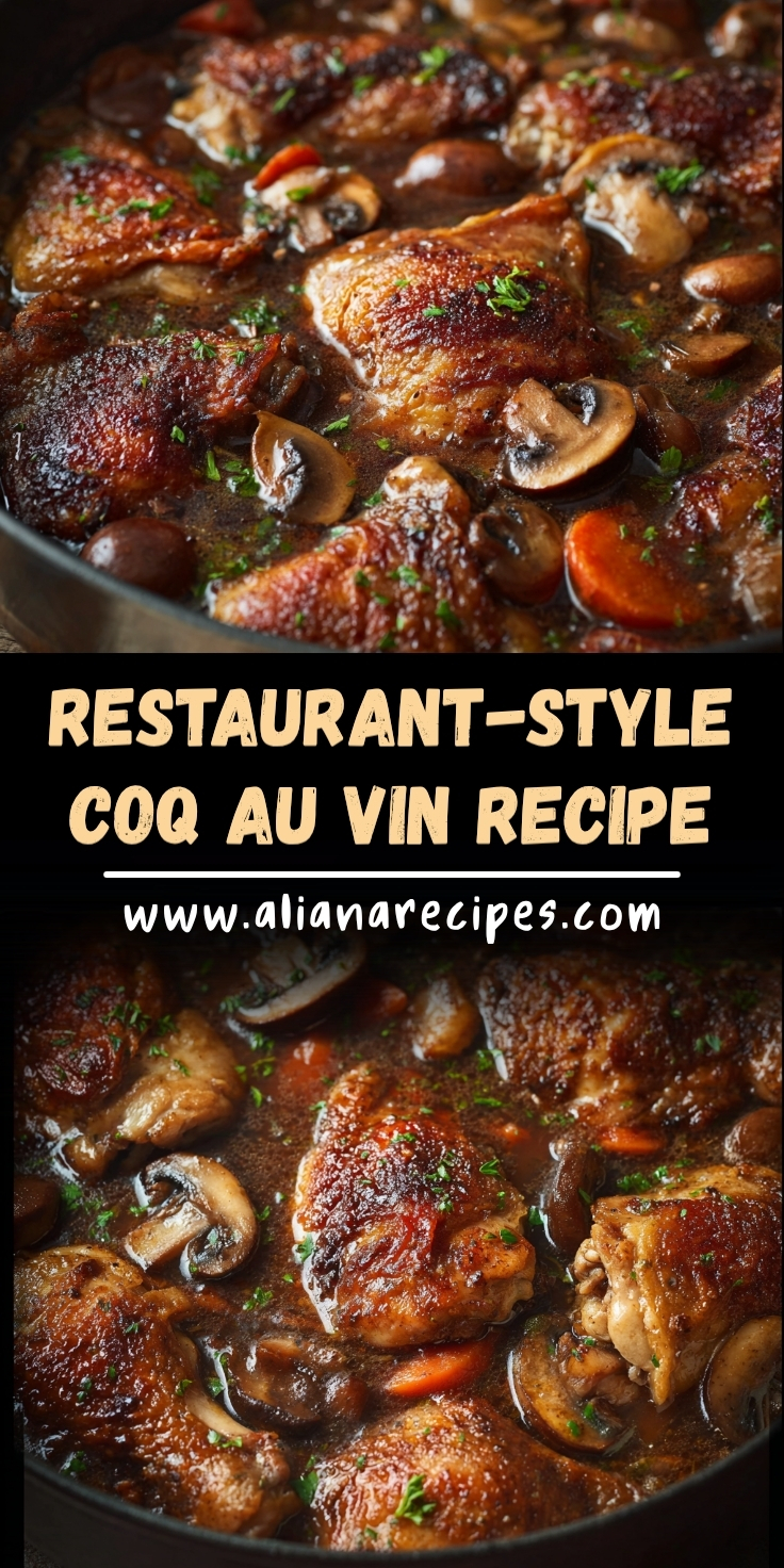 Coq au vin recipe featuring restaurant-style braised chicken with mushrooms and pearl onions in Dutch oven with text overlay