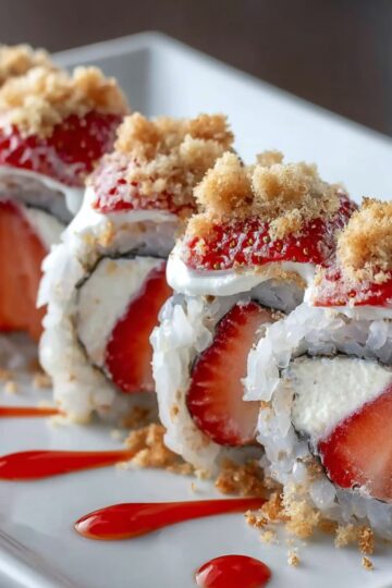 Strawberry shortcake sushi roll sliced into pieces on a white plate showing fresh strawberries wrapped in cream cheese filling and cake with graham cracker coating and strawberry sauce drizzle