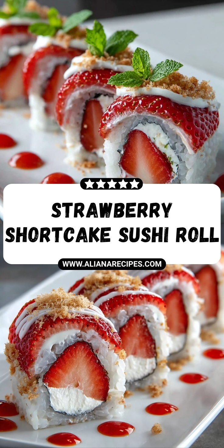 Strawberry shortcake sushi roll displayed on white plates with fresh mint garnish showing sliced strawberries, fluffy cream cheese filling, graham cracker coating, and decorative strawberry sauce dots