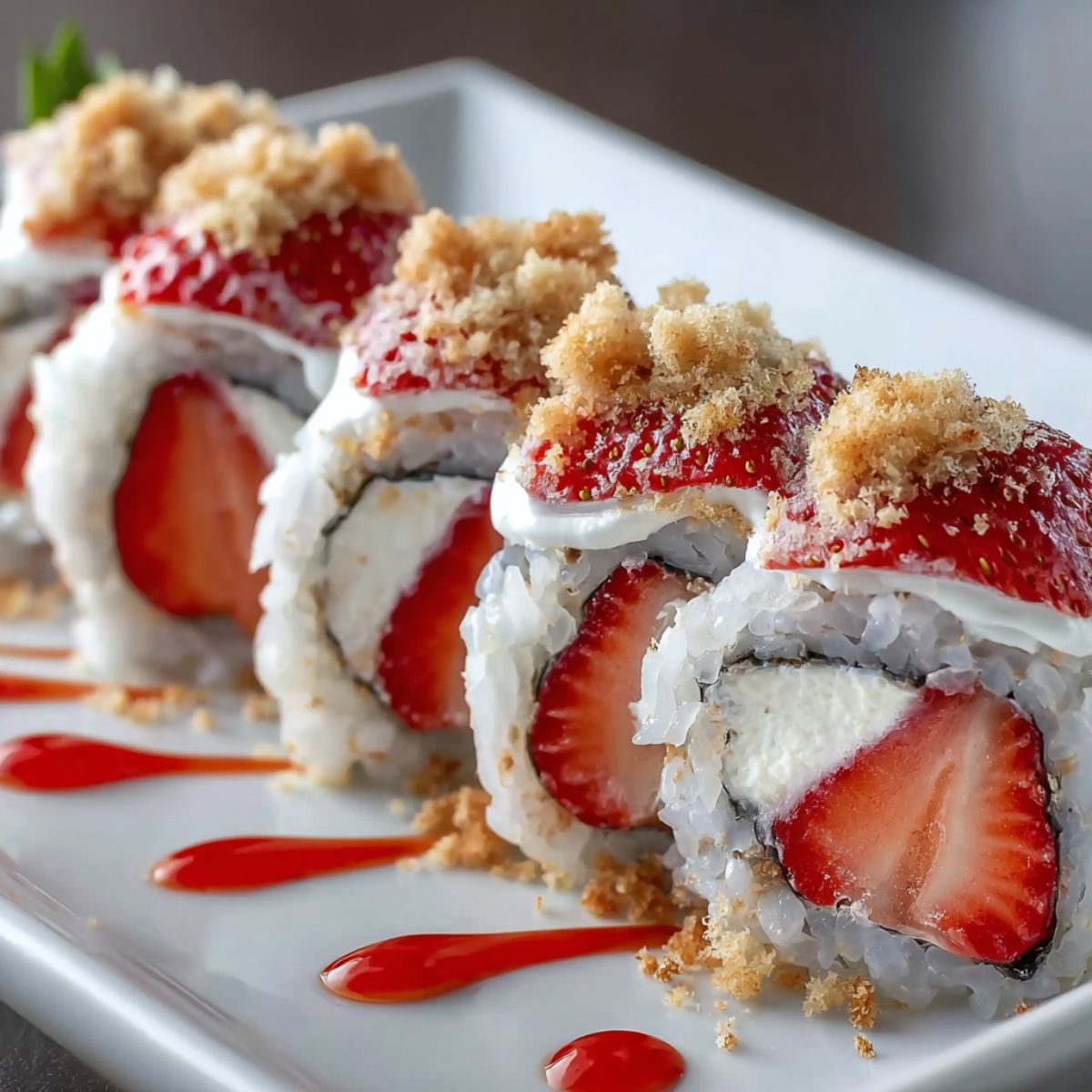 Strawberry shortcake sushi roll sliced into pieces on a white plate showing fresh strawberries wrapped in cream cheese filling and cake with graham cracker coating and strawberry sauce drizzle
