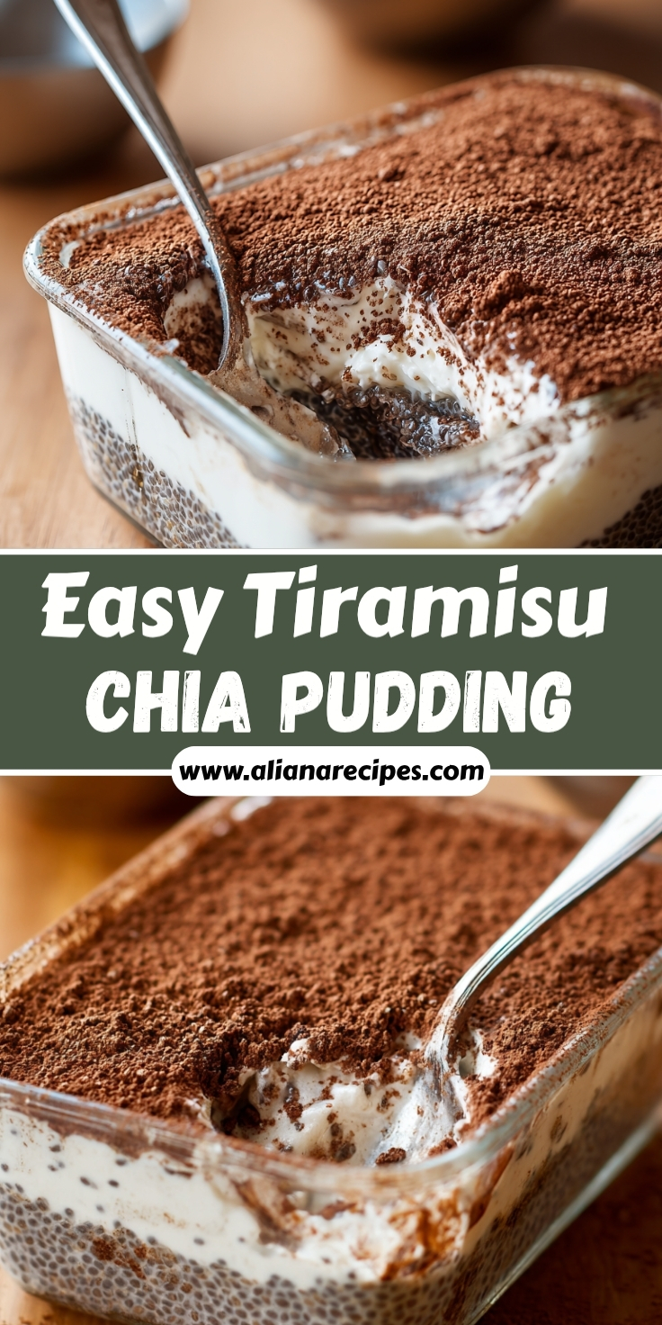 Tiramisu chia pudding with layered coffee chia seeds, mascarpone cream, and thick cocoa powder dusting with spoon scooping creamy layers