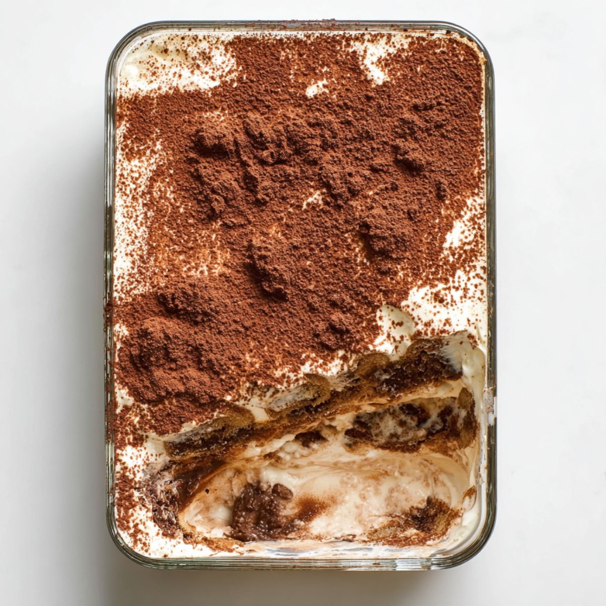 Tiramisu chia pudding in glass dish with layers of coffee-soaked chia, mascarpone cream, and cocoa powder dusting with spoon marks