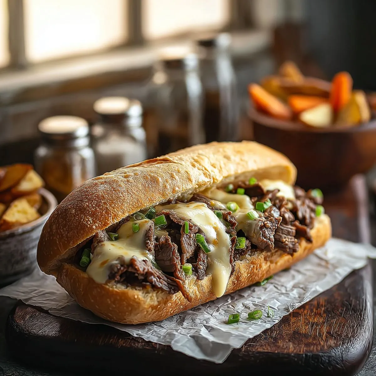 A mouth-watering, fully loaded Philly Cheese Steak Sandwich with melted provolone cheese and thinly sliced steak.