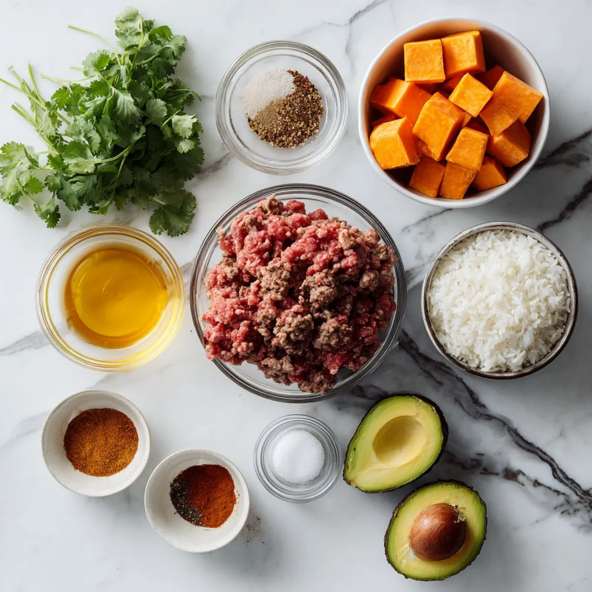 Overhead view of ingredients for ground beef hot honey bowl: raw ground beef, cubed sweet potatoes, cooked white rice, cilantro, honey/oil, avocado, and spices on a marble counter.