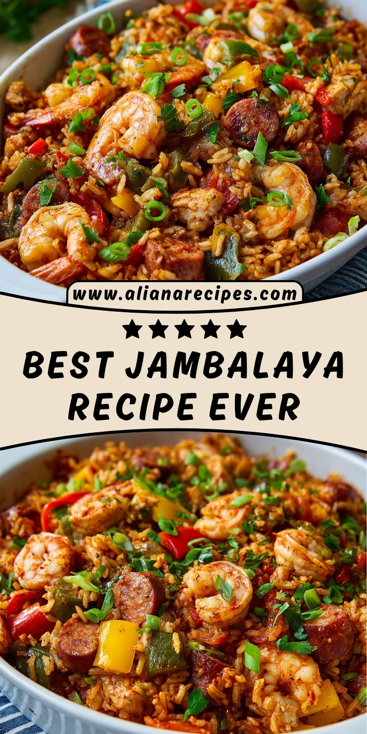 Jambalaya recipe with shrimp, sausage, chicken, colorful bell peppers, and seasoned rice in a white bowl, garnished with fresh parsley