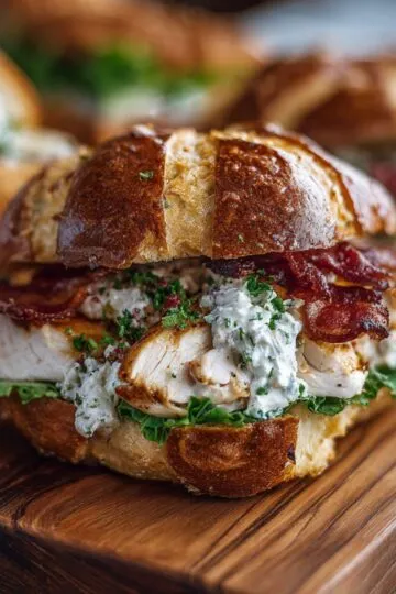Chicken bacon ranch sandwich recipe showing loaded pretzel bun with sliced chicken, bacon strips, ranch dressing, and fresh greens on wooden cutting board