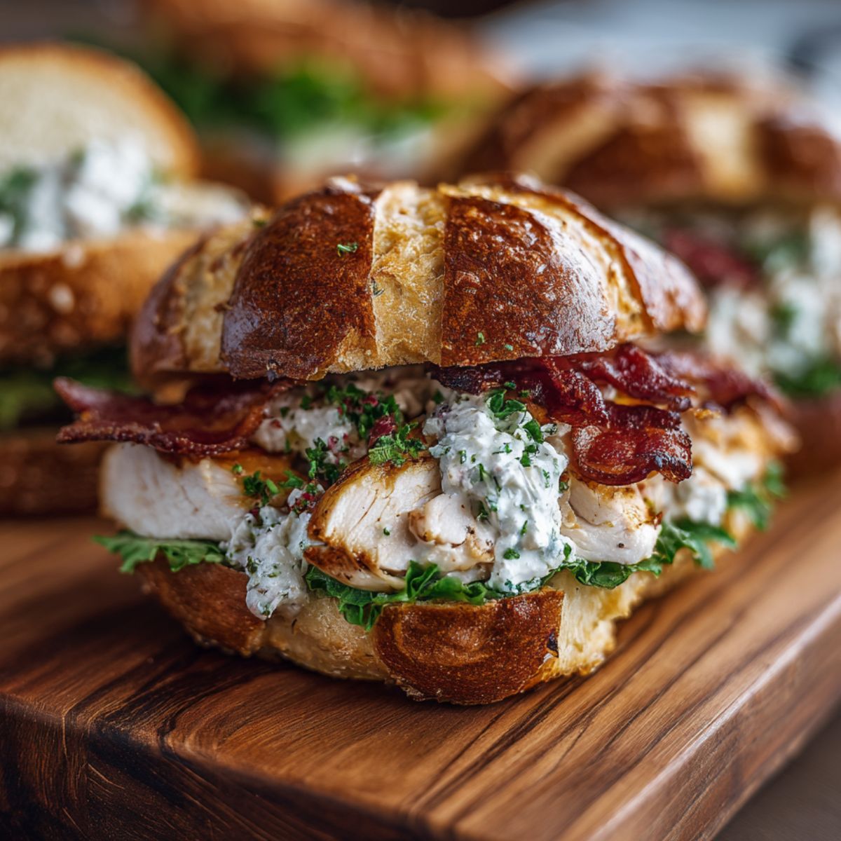 Chicken bacon ranch sandwich recipe showing loaded pretzel bun with sliced chicken, bacon strips, ranch dressing, and fresh greens on wooden cutting board