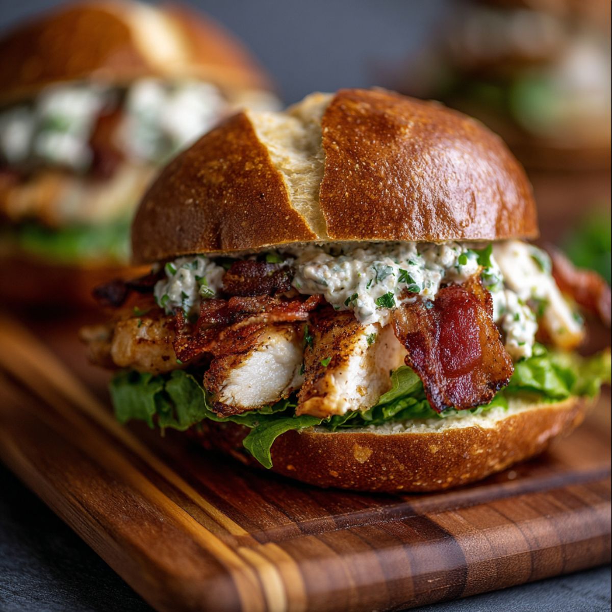 Chicken bacon ranch sandwich on pretzel bun with seasoned chicken breast, crispy bacon, herb ranch dressing, and lettuce on wooden serving board