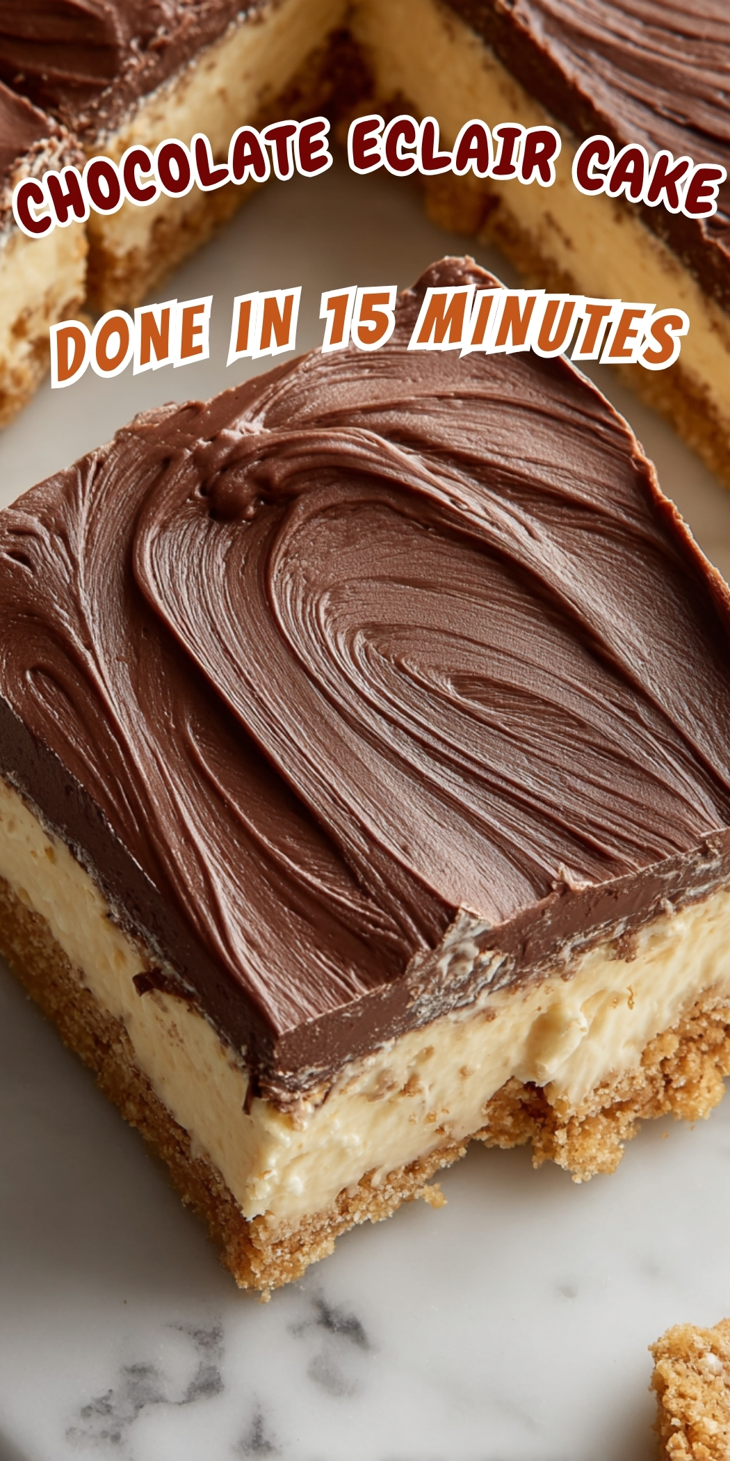 chocolate eclair cake, no-bake easy chocolate dessert recipe done in 15 minutes, with creamy filling and chocolate frosting.