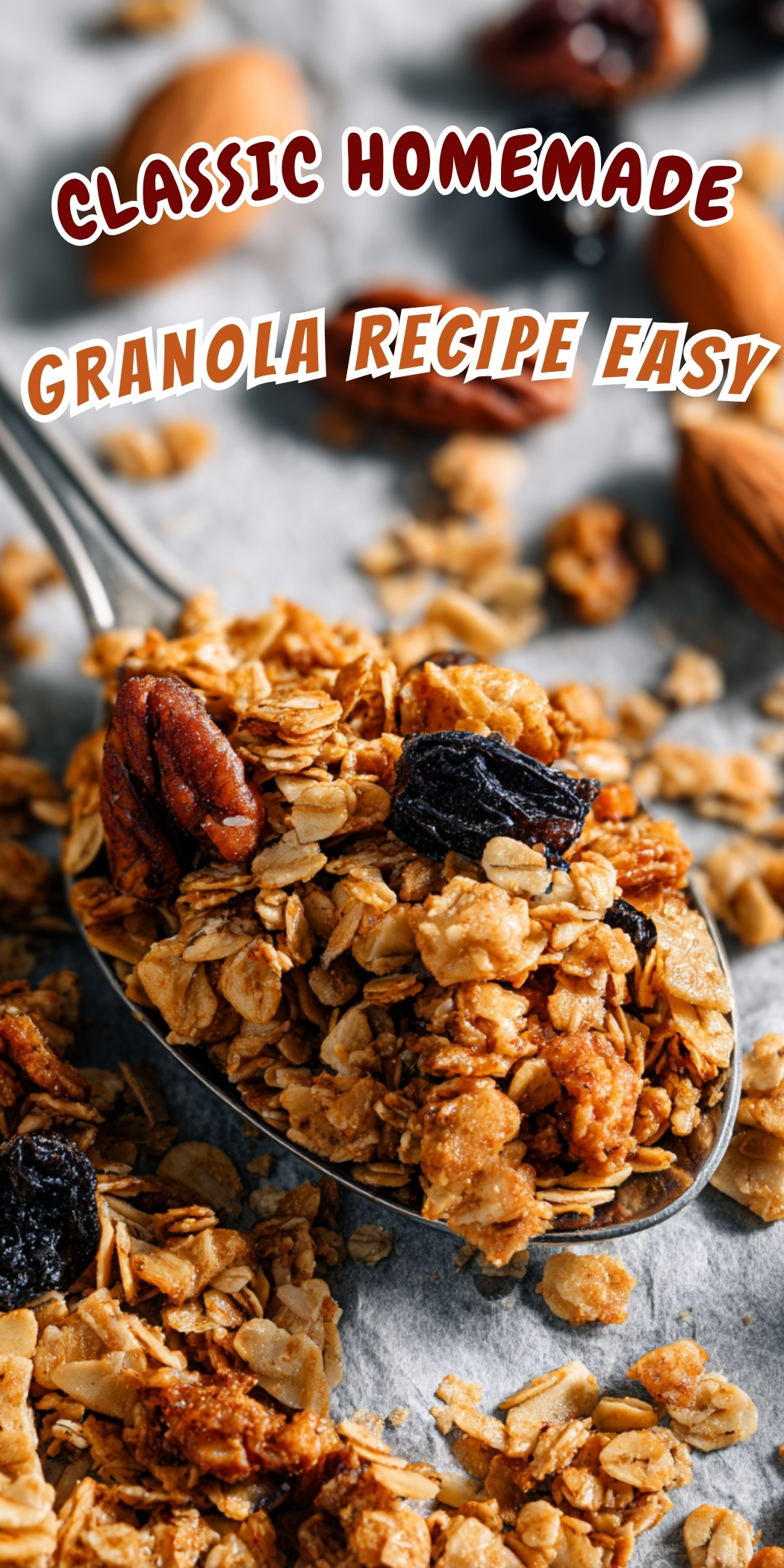 Granola recipe with golden crunchy clusters, oats, pecans, and dried fruit on a silver spoon, labeled as classic homemade granola recipe easy