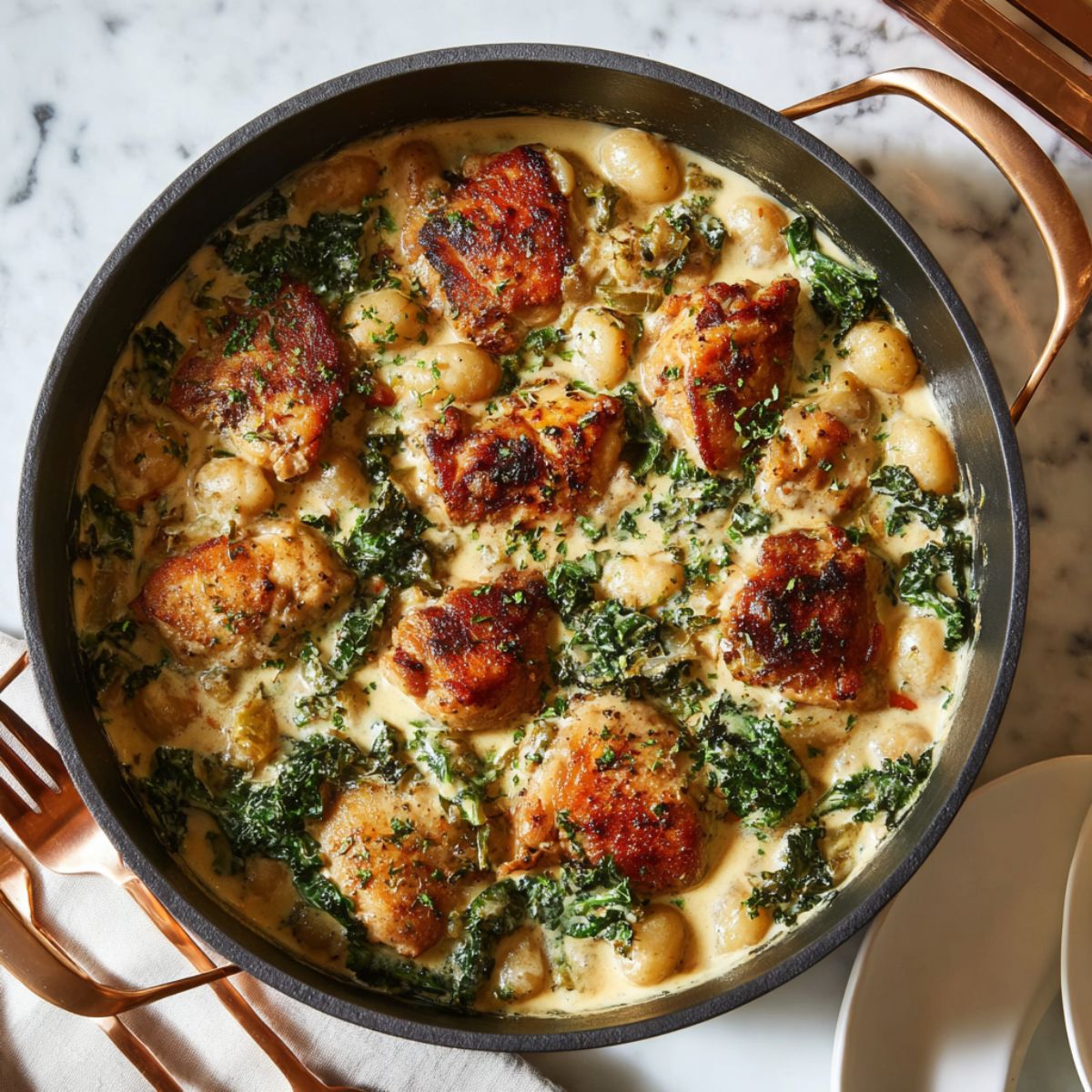 Creamy chicken spinach gnocchi recipe in a skillet with golden chicken, pillowy gnocchi, and wilted spinach in rich cream sauce