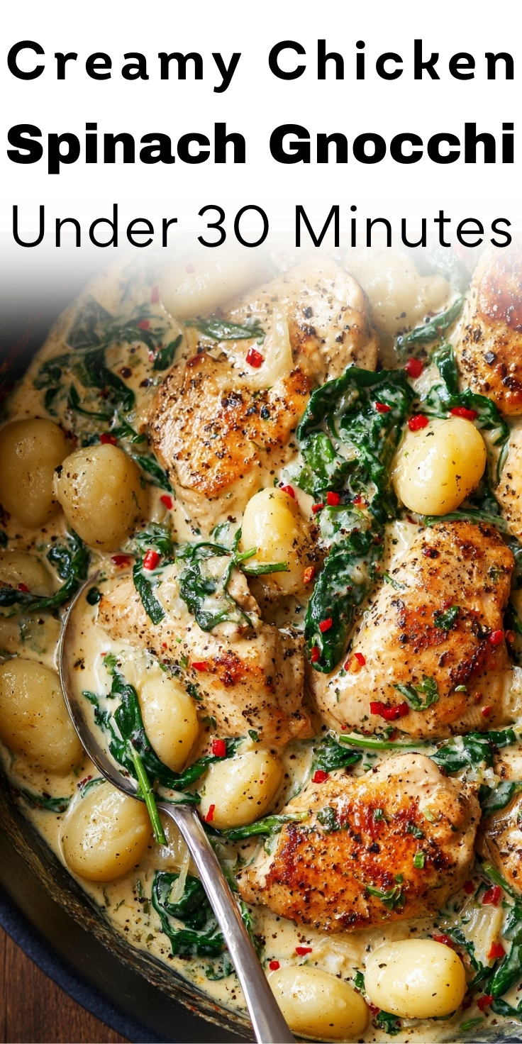 Creamy chicken spinach gnocchi labeled under 30 minutes with golden chicken, gnocchi, and spinach in creamy garlic sauce