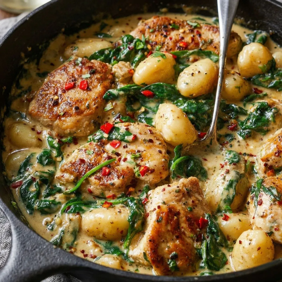 Creamy chicken spinach gnocchi in a cast iron skillet with golden chicken pieces, pillowy gnocchi, and fresh spinach in creamy sauce