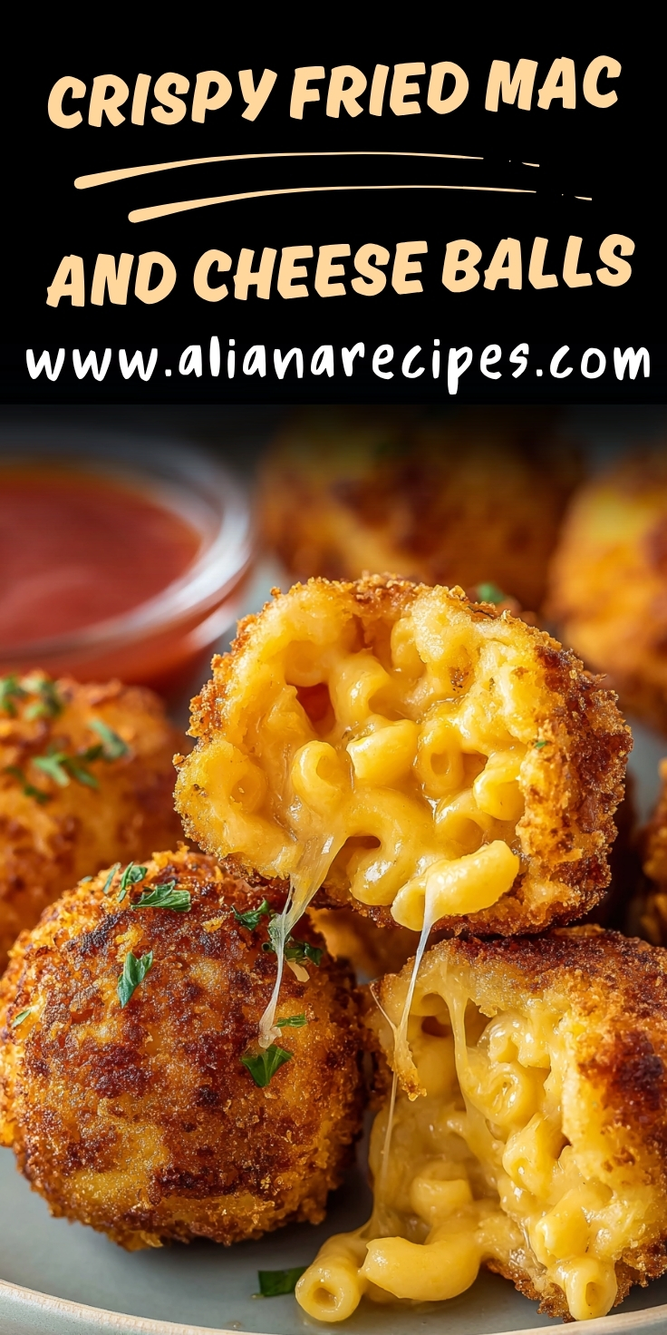 Fried mac and cheese balls with crispy golden coating revealing creamy mac and cheese inside, with cheese pull visible