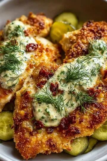 Dill pickle parmesan chicken in a white bowl with golden crispy coating, creamy sauce, fresh dill, and pickle slices