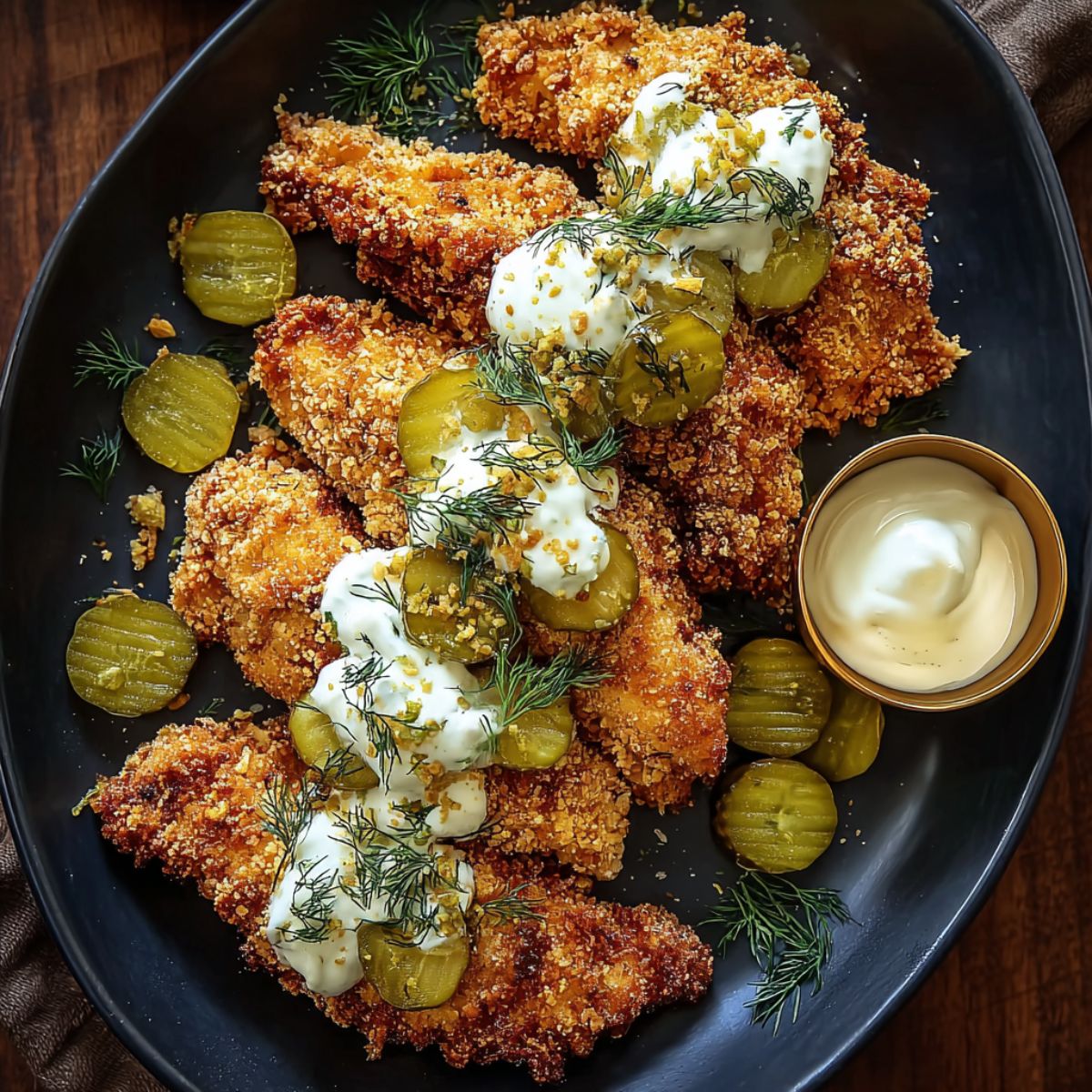 Dill pickle parmesan chicken recipe on a black plate with crispy golden chicken, pickles, sour cream, and fresh dill garnish