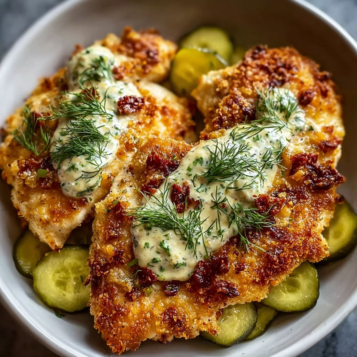 Dill pickle parmesan chicken in a white bowl with golden crispy coating, creamy sauce, fresh dill, and pickle slices