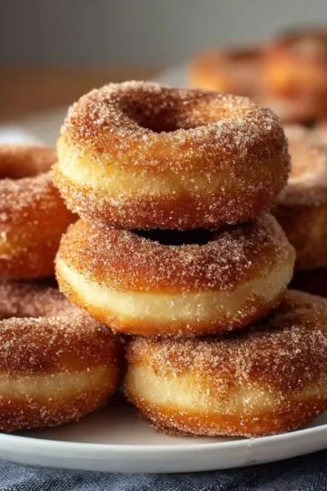 Donut recipe with stacked cinnamon sugar baked donuts showing golden brown coating, soft interior, and sparkling sugar crystals on white plate