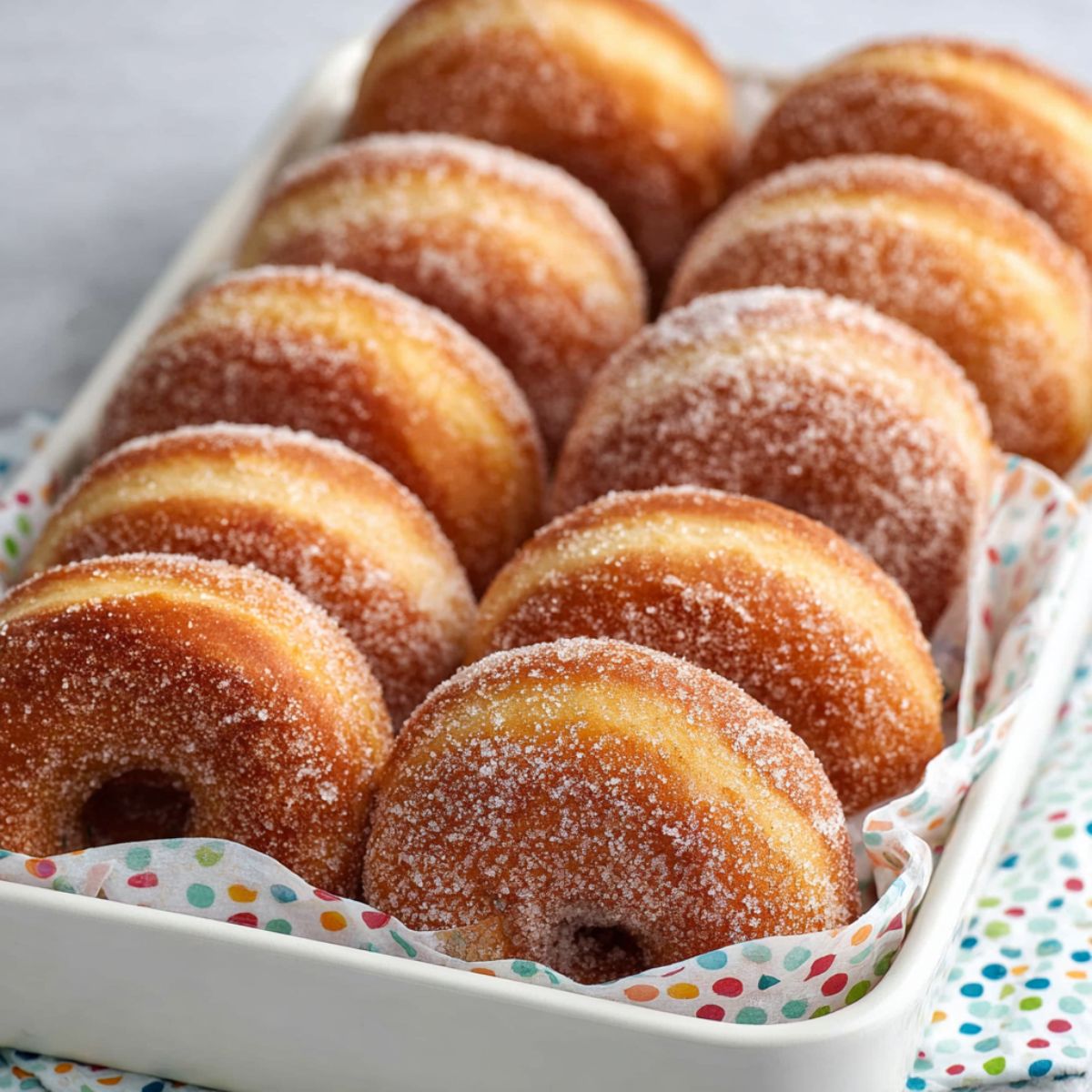 Donut recipe showing baked cinnamon sugar donuts in polka dot lined basket with golden crusted edges and fluffy interior texture