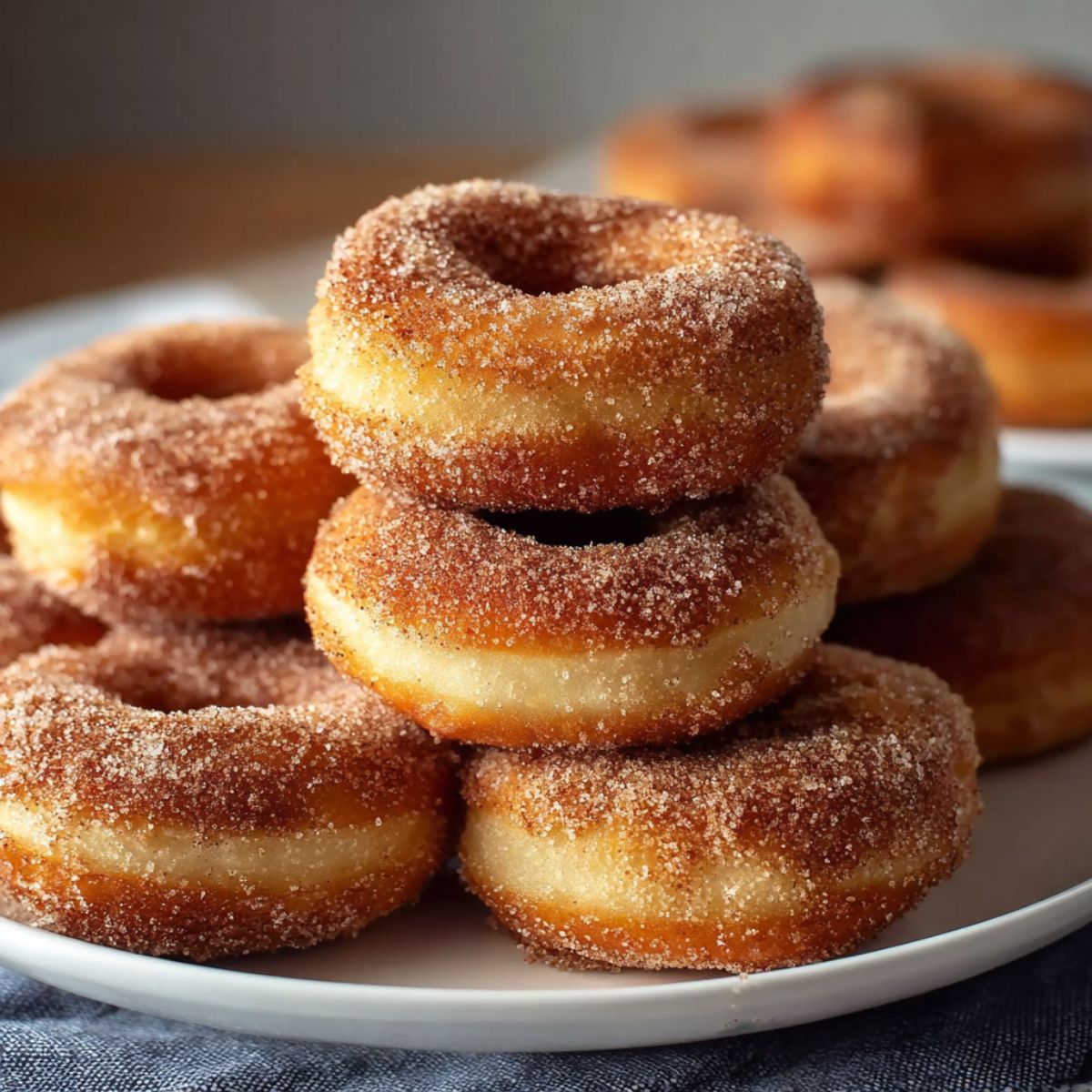 Donut recipe with stacked cinnamon sugar baked donuts showing golden brown coating, soft interior, and sparkling sugar crystals on white plate