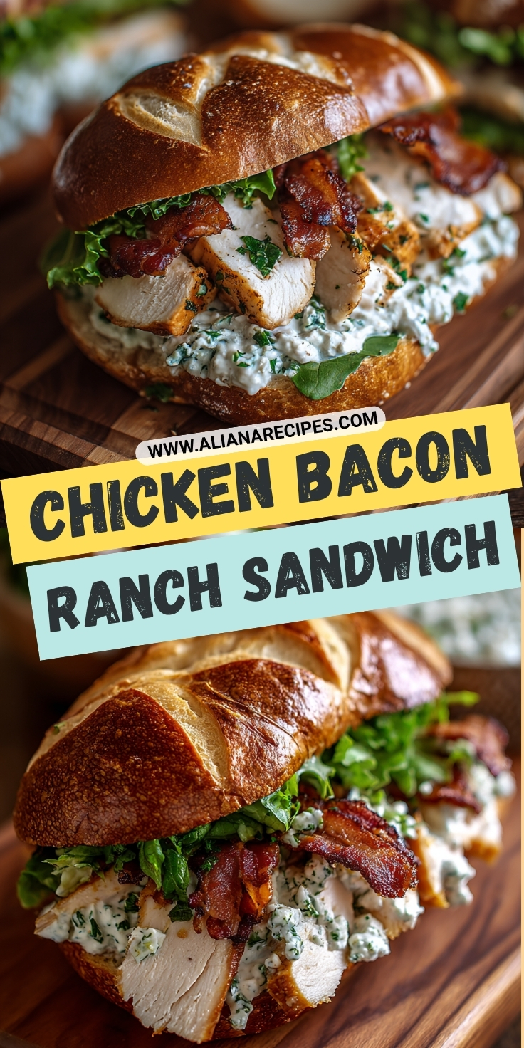 Chicken bacon ranch sandwich on toasted pretzel bun with crispy bacon, sliced chicken, ranch dressing, and lettuce with website overlay and bold text