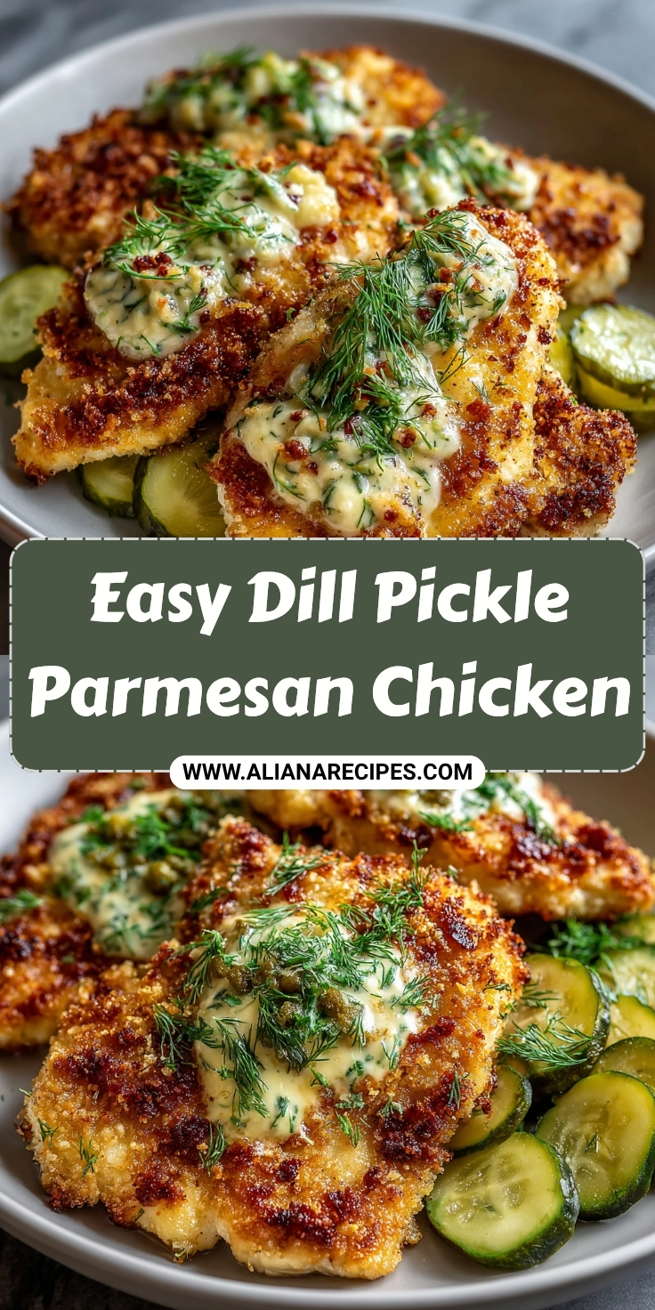 Dill pickle parmesan chicken labeled as easy recipe with golden breaded chicken topped with sauce, dill, and pickles on white plates