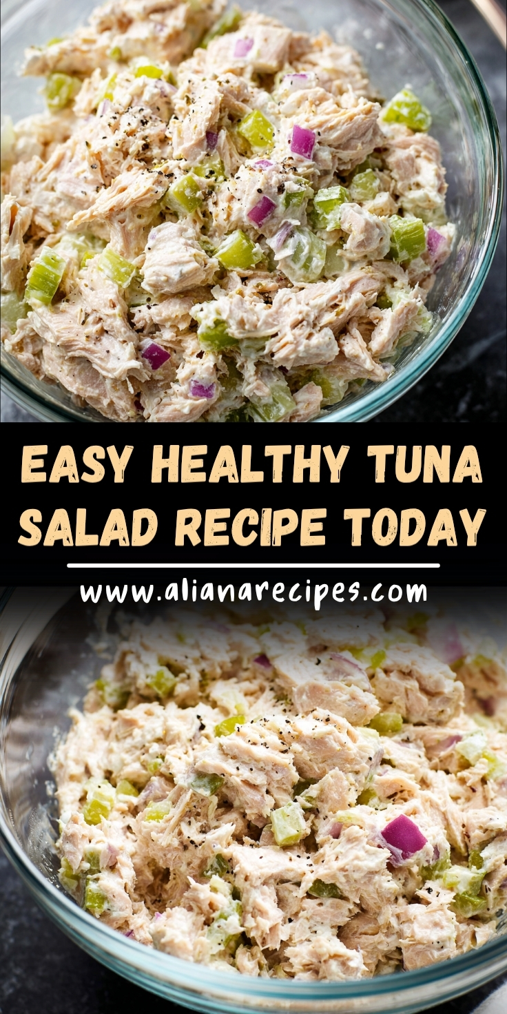 Tuna salad recipe with celery, red onion, and mayo in glass bowls, labeled as easy healthy tuna salad recipe today