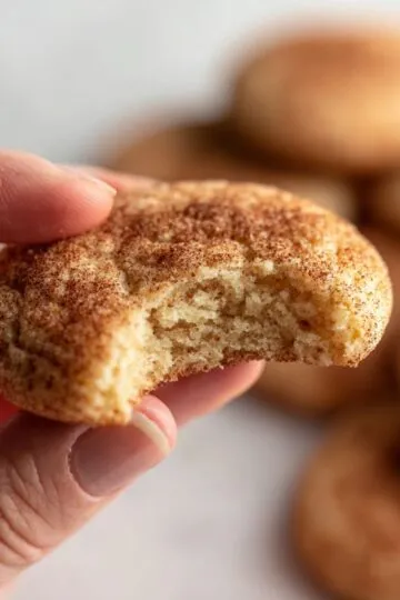 Protein cookies showing soft chewy texture held in hand with bite revealing tender crumb dusted with cinnamon sugar coating