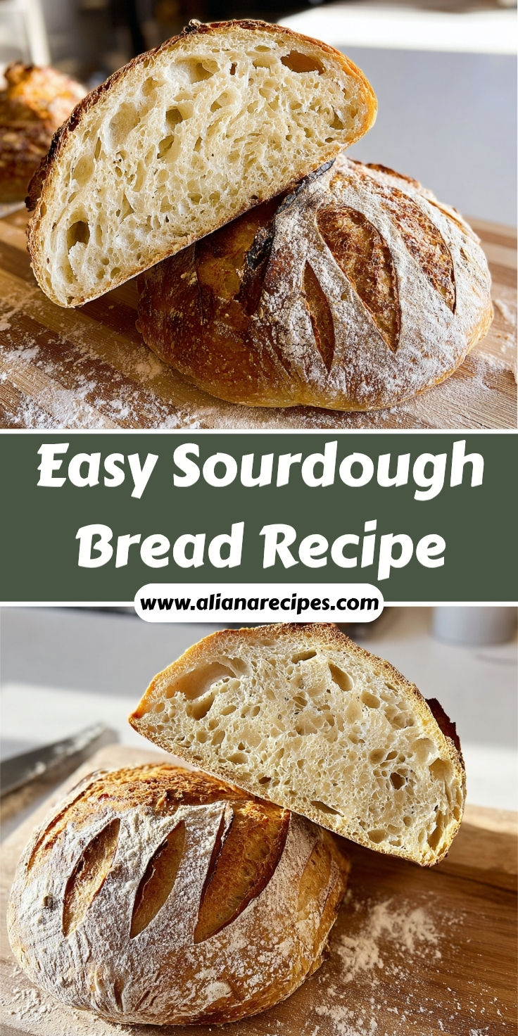 Sourdough bread recipe showing sliced artisan loaf with perfect open crumb structure, golden crust, decorative scoring on wooden board with website overlay