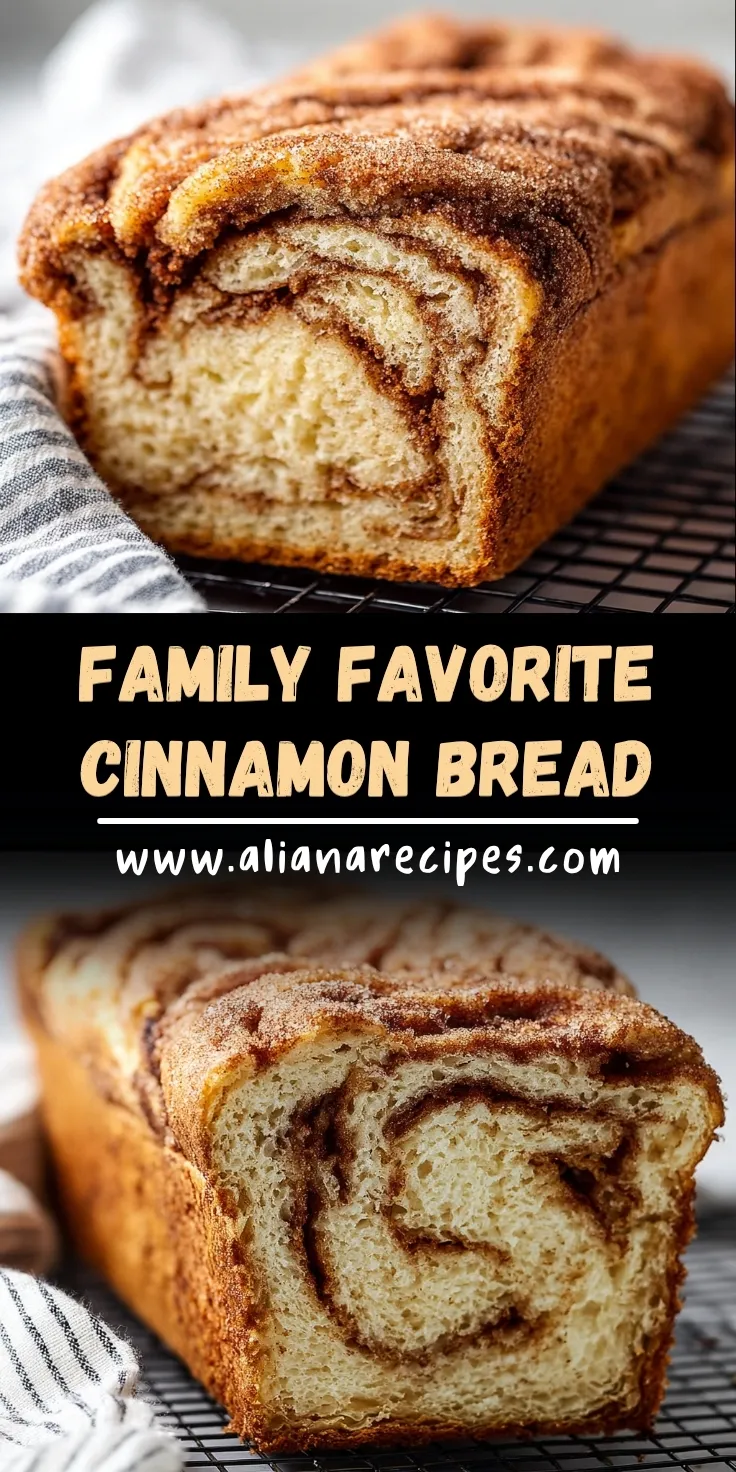 Cinnamon bread recipe showing sliced loaf with beautiful cinnamon sugar swirls throughout soft buttery texture on cooling rack