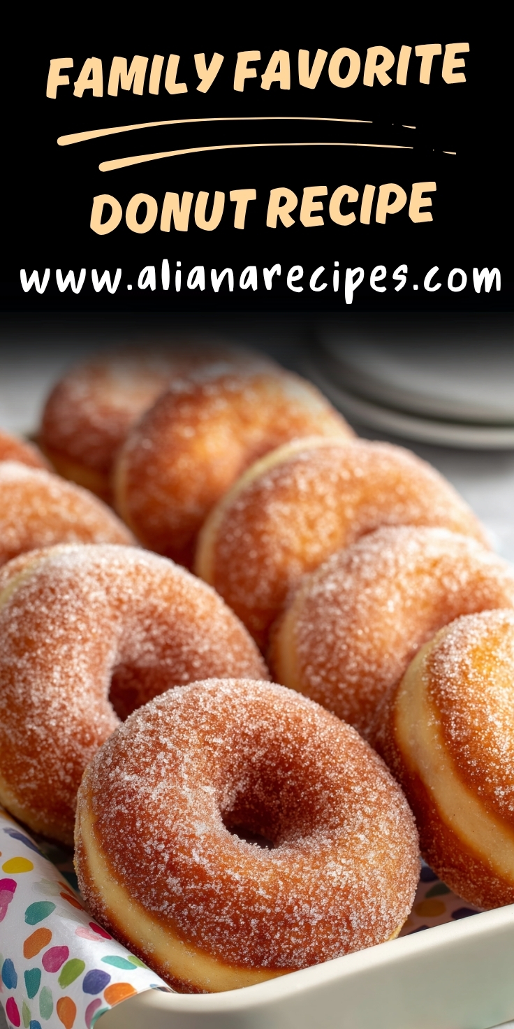 Donut recipe family favorite showing cinnamon sugar baked donuts in polka dot basket with golden coating and website overlay text