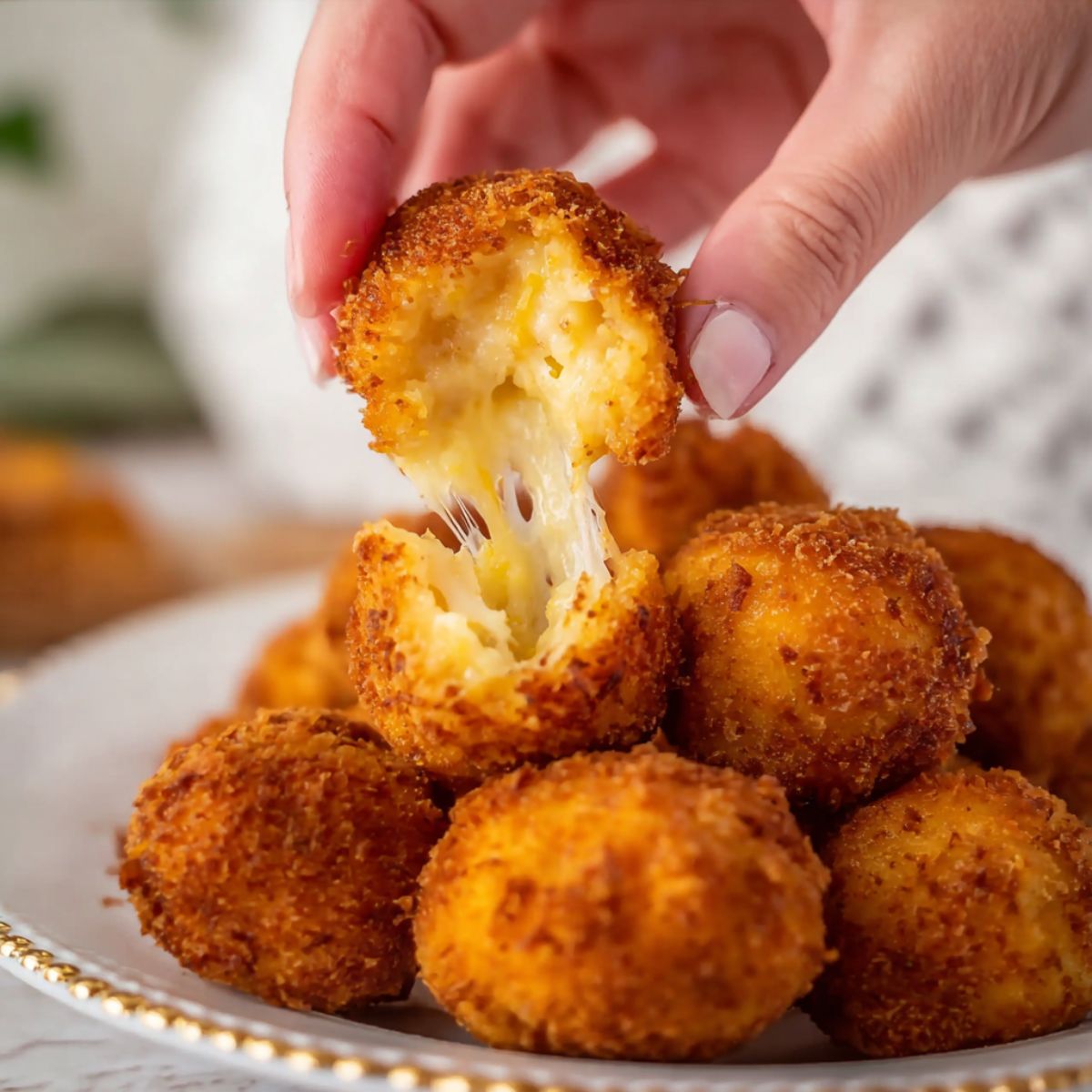 Fried mac and cheese balls recipe showing hand pulling one ball apart with melted cheese stretching from crispy golden balls