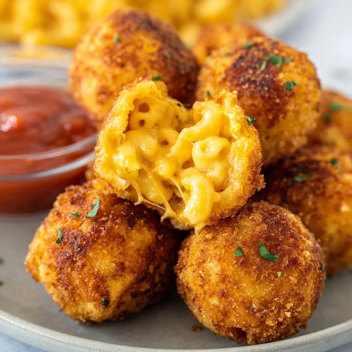 Fried mac and cheese balls on a white plate with one cut open revealing creamy macaroni and cheese with melted cheese pull