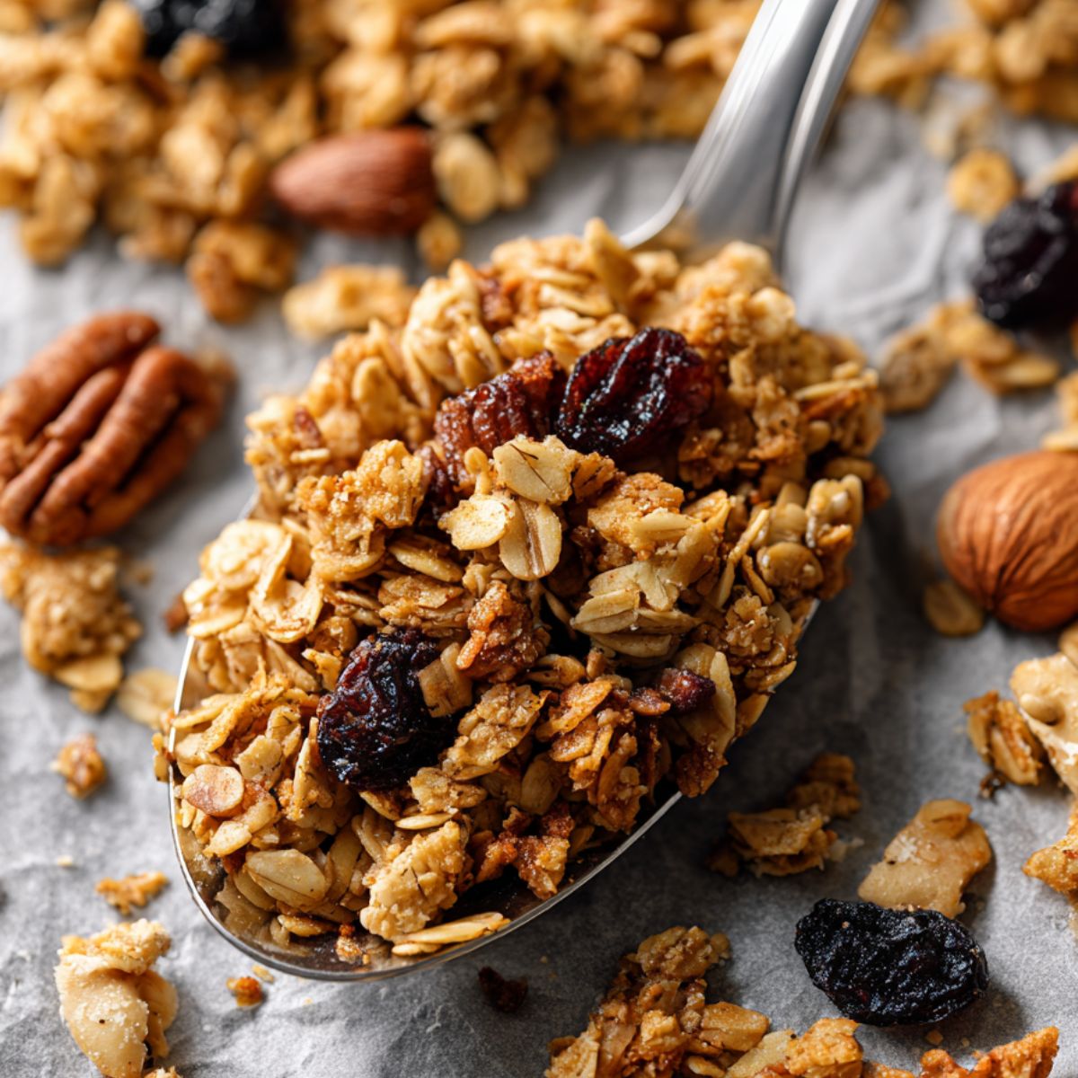 Granola recipe featuring golden crunchy clusters with oats, nuts, and dried cranberries on a silver spoon