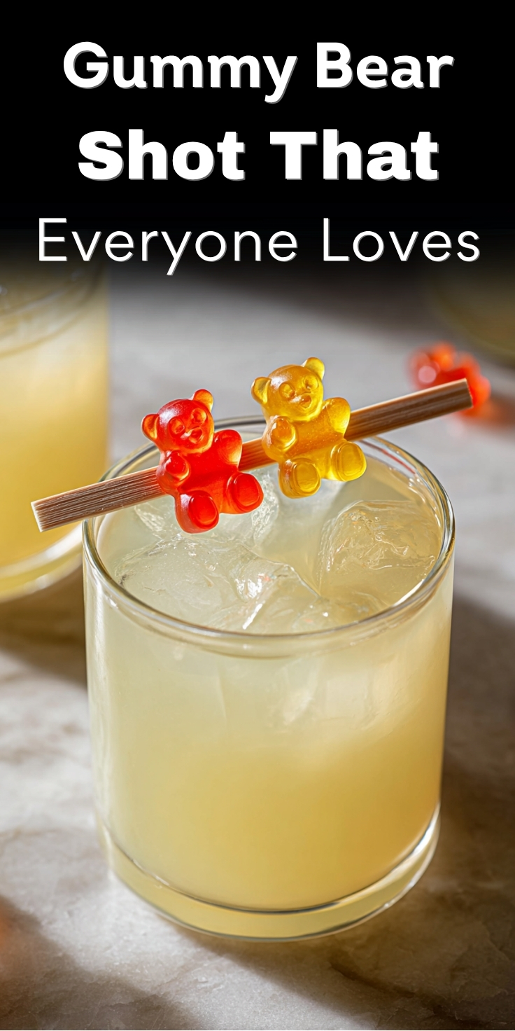 Gummy bear shot cocktail with colorful gummy bears on wooden stick garnish showing sweet fruity party drink everyone loves