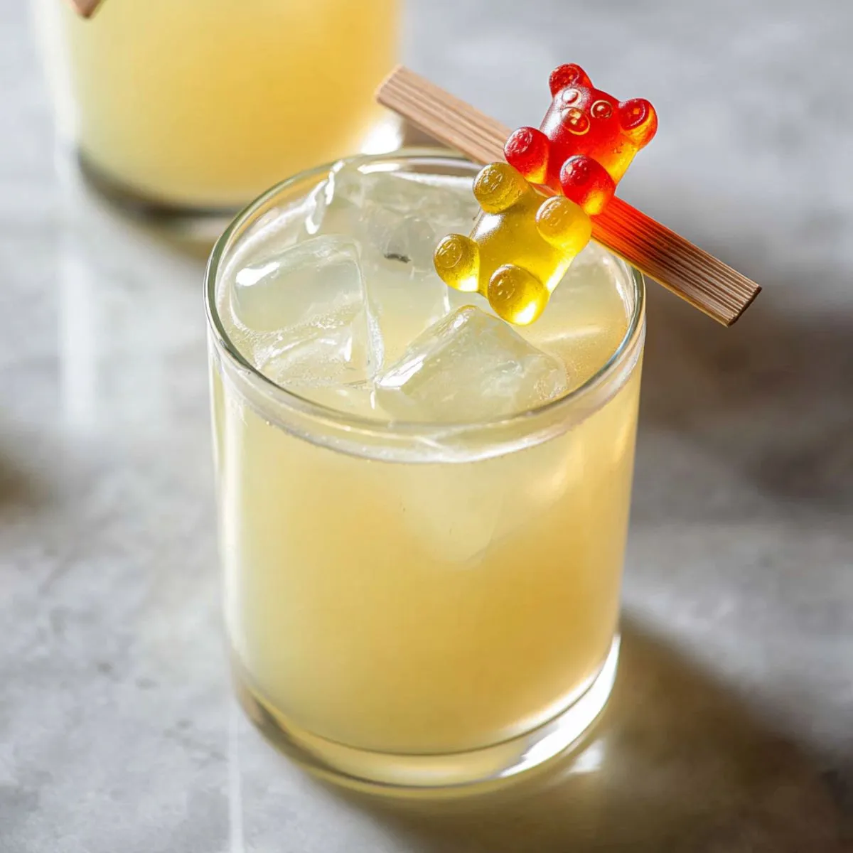 Gummy bear shot cocktail with colorful gummy bear garnish on rim showing sweet fruity vodka party drink