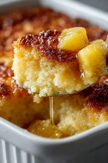 Pineapple dump cake recipe showing spoonful of golden caramelized dessert with sweet pineapple chunks and crispy buttery topping