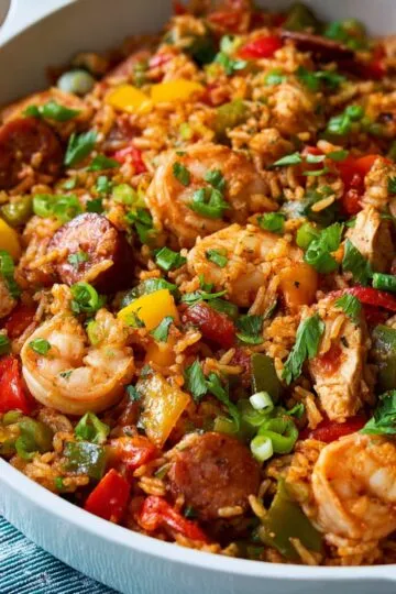 Jambalaya recipe in a large white skillet filled with shrimp, andouille sausage, chicken, bell peppers, and seasoned rice garnished with green onions