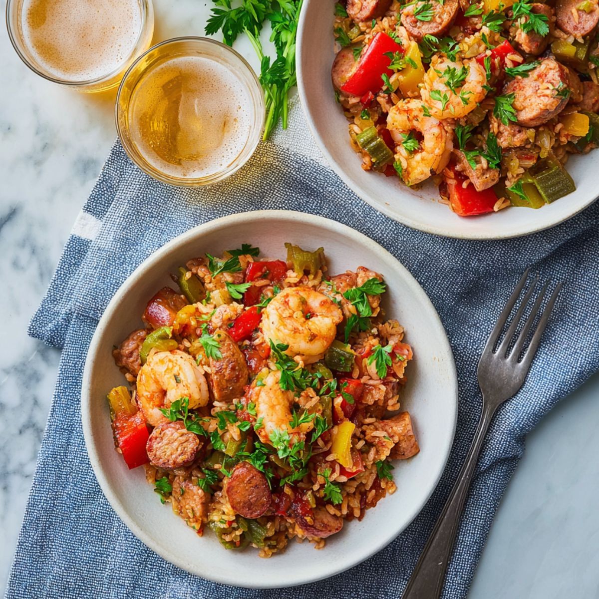 Jambalaya recipe served in white bowls with shrimp, sausage, peppers, and rice, photographed overhead with beer glasses on the side