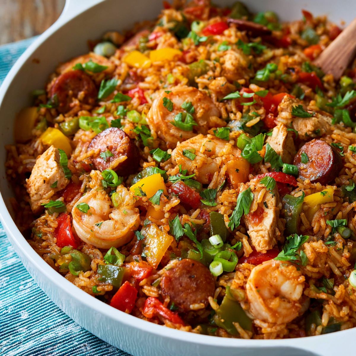 Jambalaya recipe in a large white skillet filled with shrimp, andouille sausage, chicken, bell peppers, and seasoned rice garnished with green onions