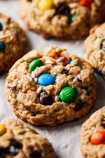 Jumbo monster cookies on parchment paper with oats, M&Ms, chocolate chips, sea salt showing thick soft texture and golden edges