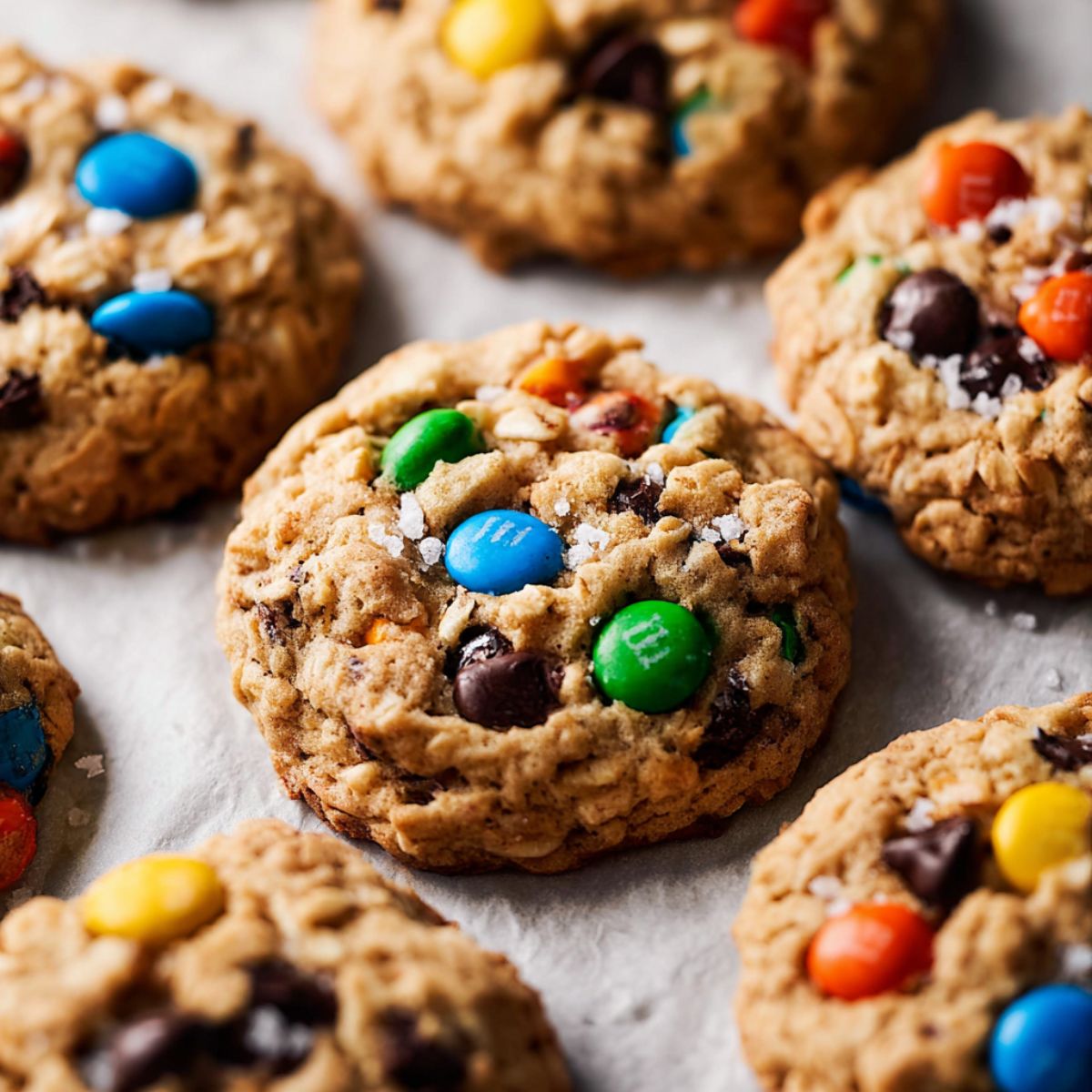Jumbo monster cookies on parchment paper with oats, M&Ms, chocolate chips, sea salt showing thick soft texture and golden edges