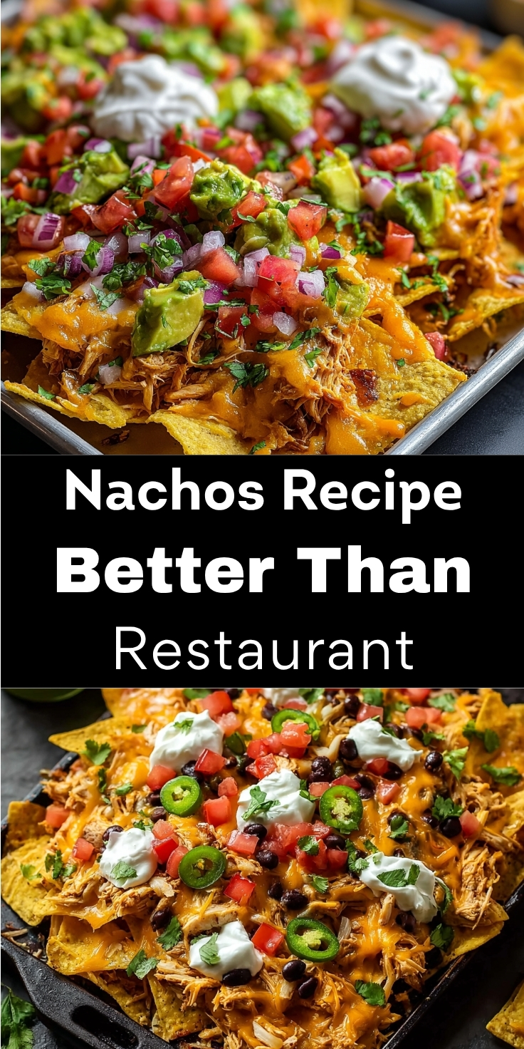 Nachos recipe better than restaurant showing loaded sheet pan with melted cheese, shredded chicken, black beans, jalapeños, sour cream, avocado, and pico de gallo