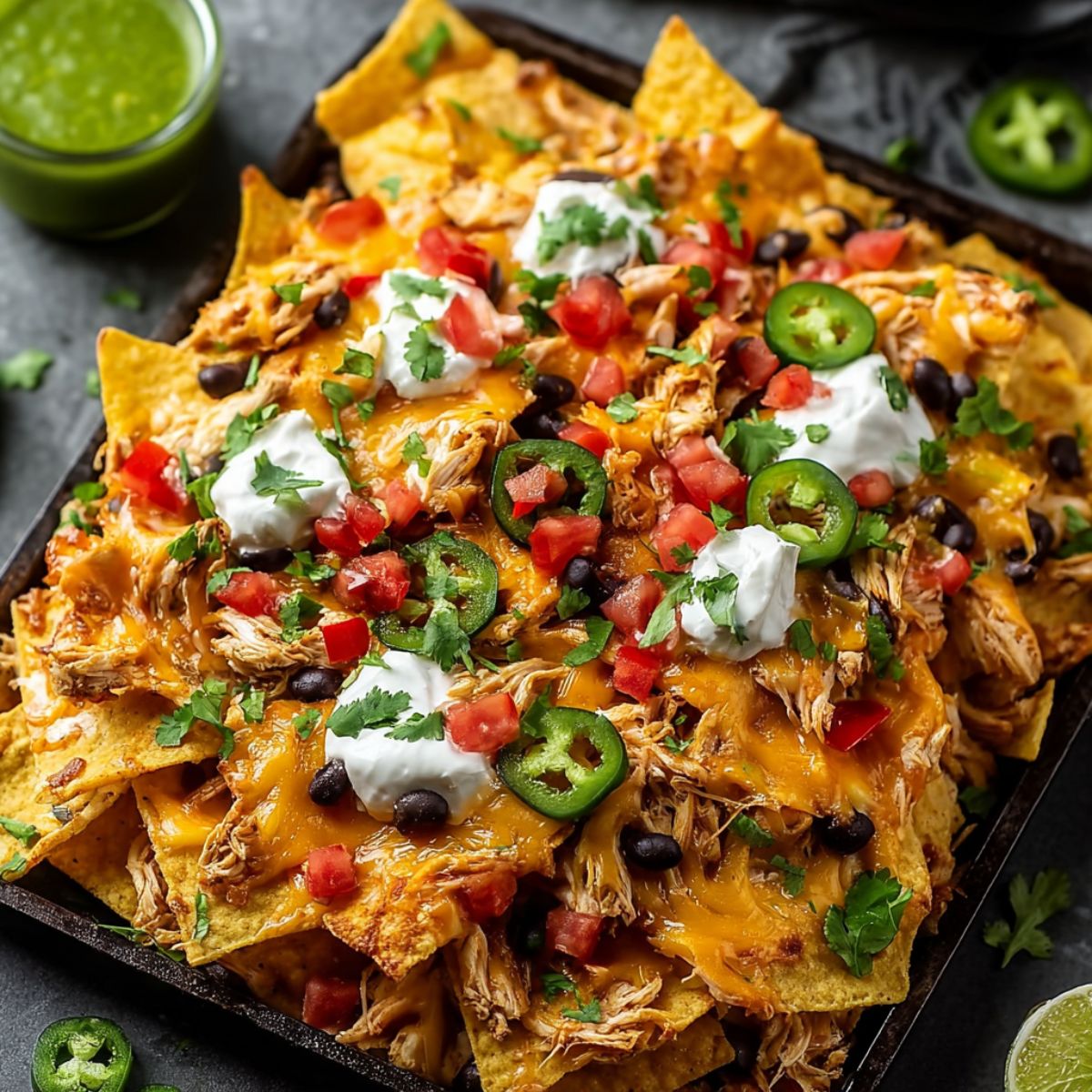 Nachos recipe on black sheet pan with layers of melted cheese, shredded chicken, black beans, jalapeño slices, sour cream, tomatoes, and cilantro